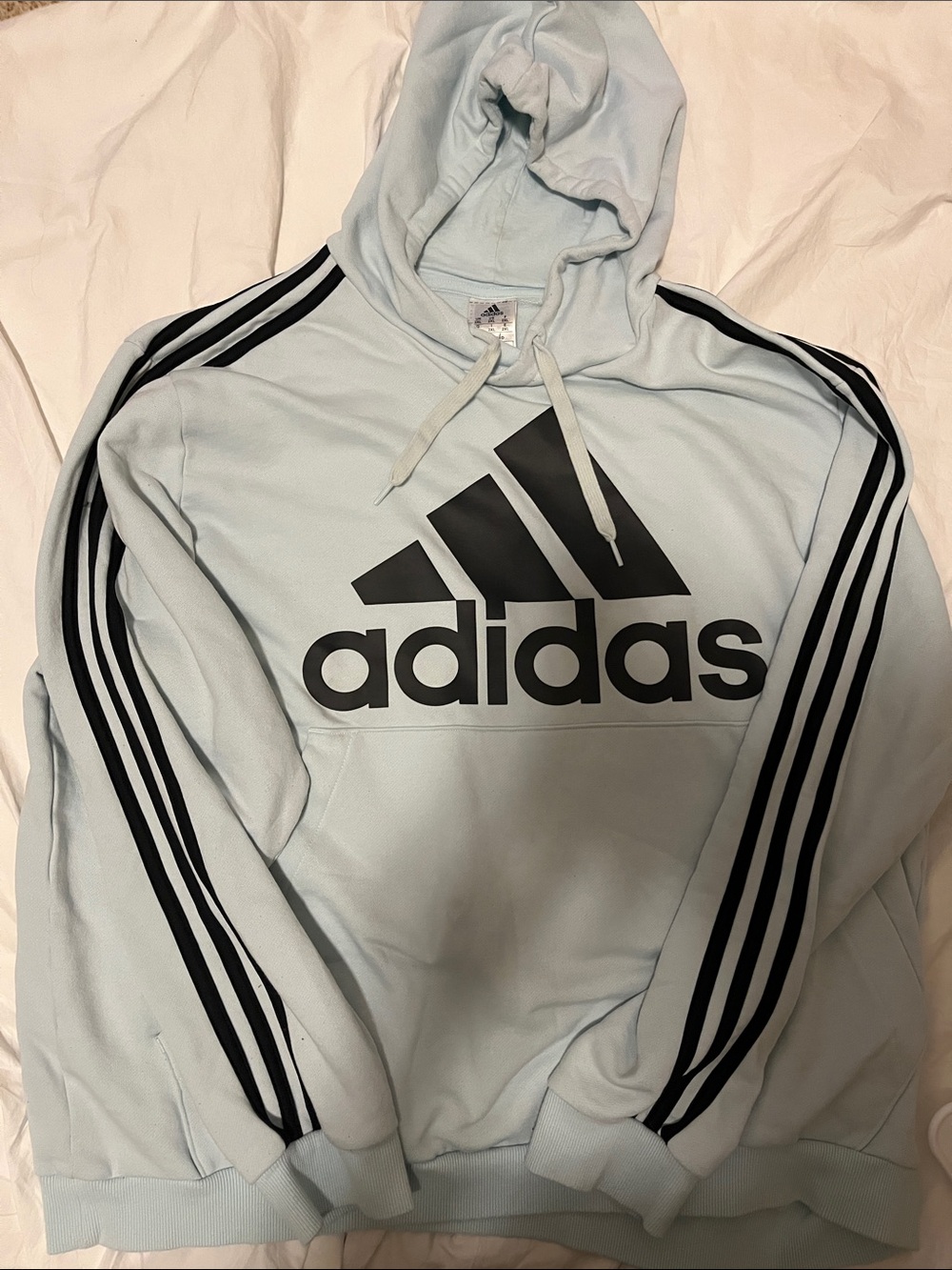adidas Light Blue Hoodie with Black Logo & Stripes